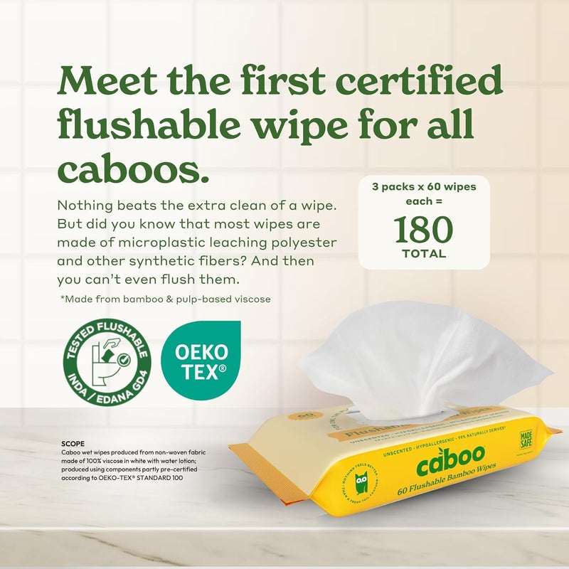 CABOO Tree Free Flushable Wipes, Certified Flushable, Septic Safe, Biodegradable, Chemical Free, Unscented Wipes for Adults made with Renewable Bamboo Based Viscose (Pack of 3, Total of 180) - Image 2